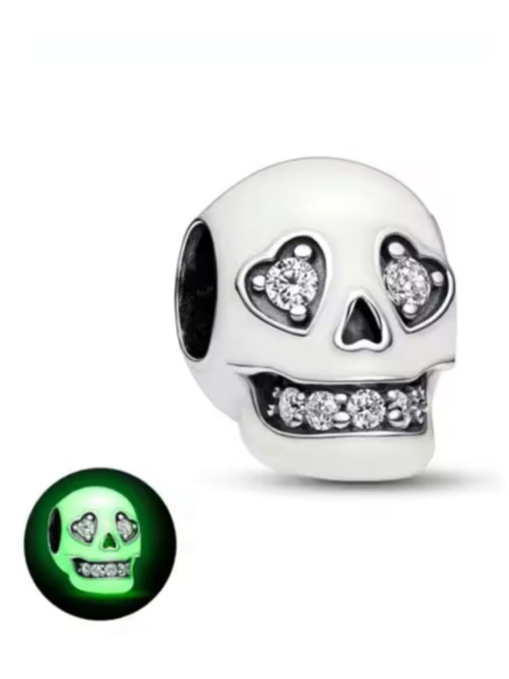 Sterling Silver Skull Glow In The Dark Charm Bead Bracelet